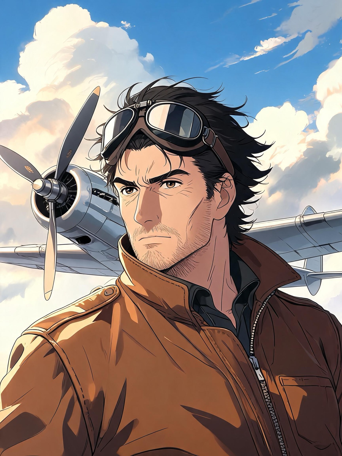 AI-generated modern key visual image: a portrait of a pilot in his forties in a vintage leather flight jacket and goggles