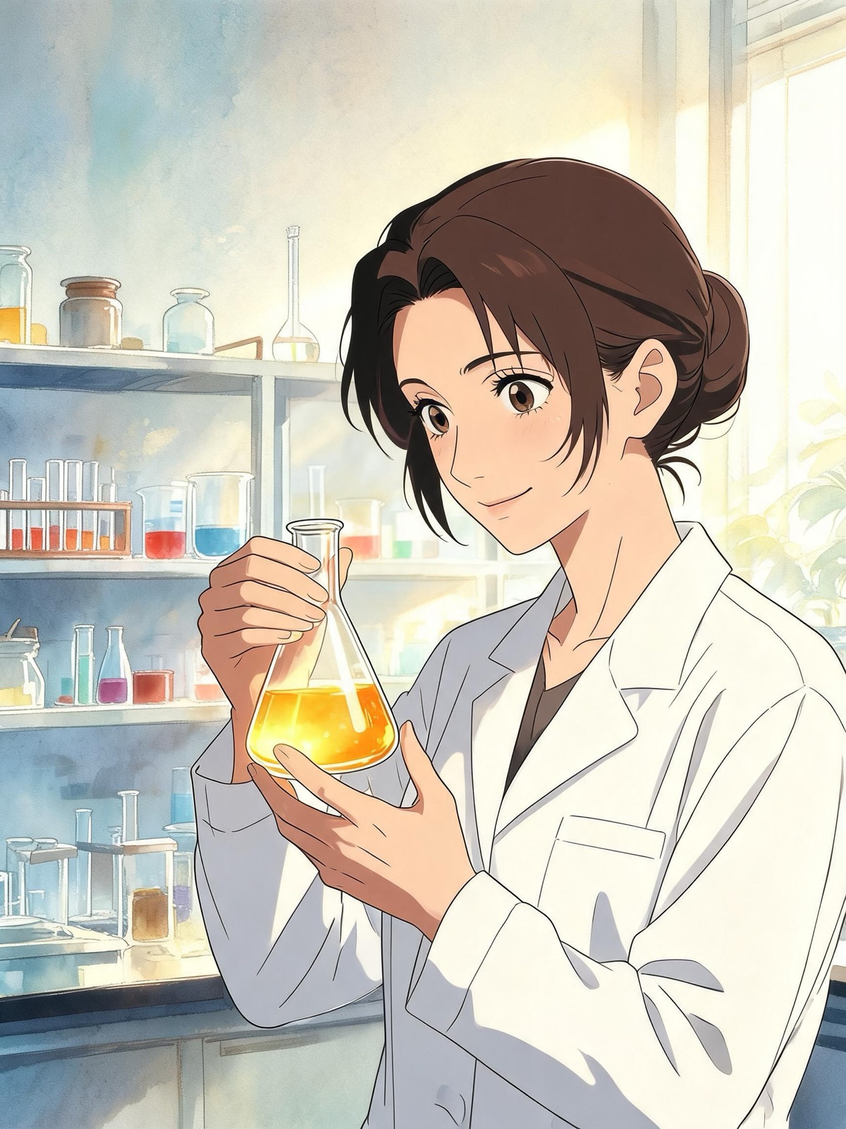 AI-generated painted anime film image: a portrait of a scientist in her forties in a lab coat holding a glowing flask
