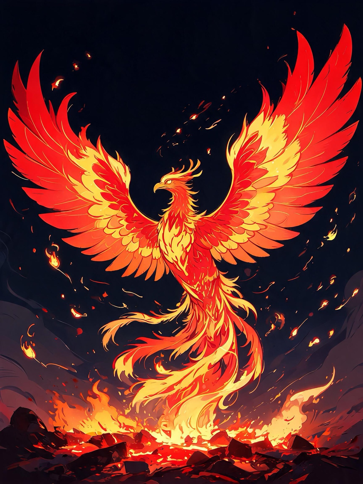 AI-generated modern key visual image: a phoenix of gold and crimson fire rising from embers against a dark sky