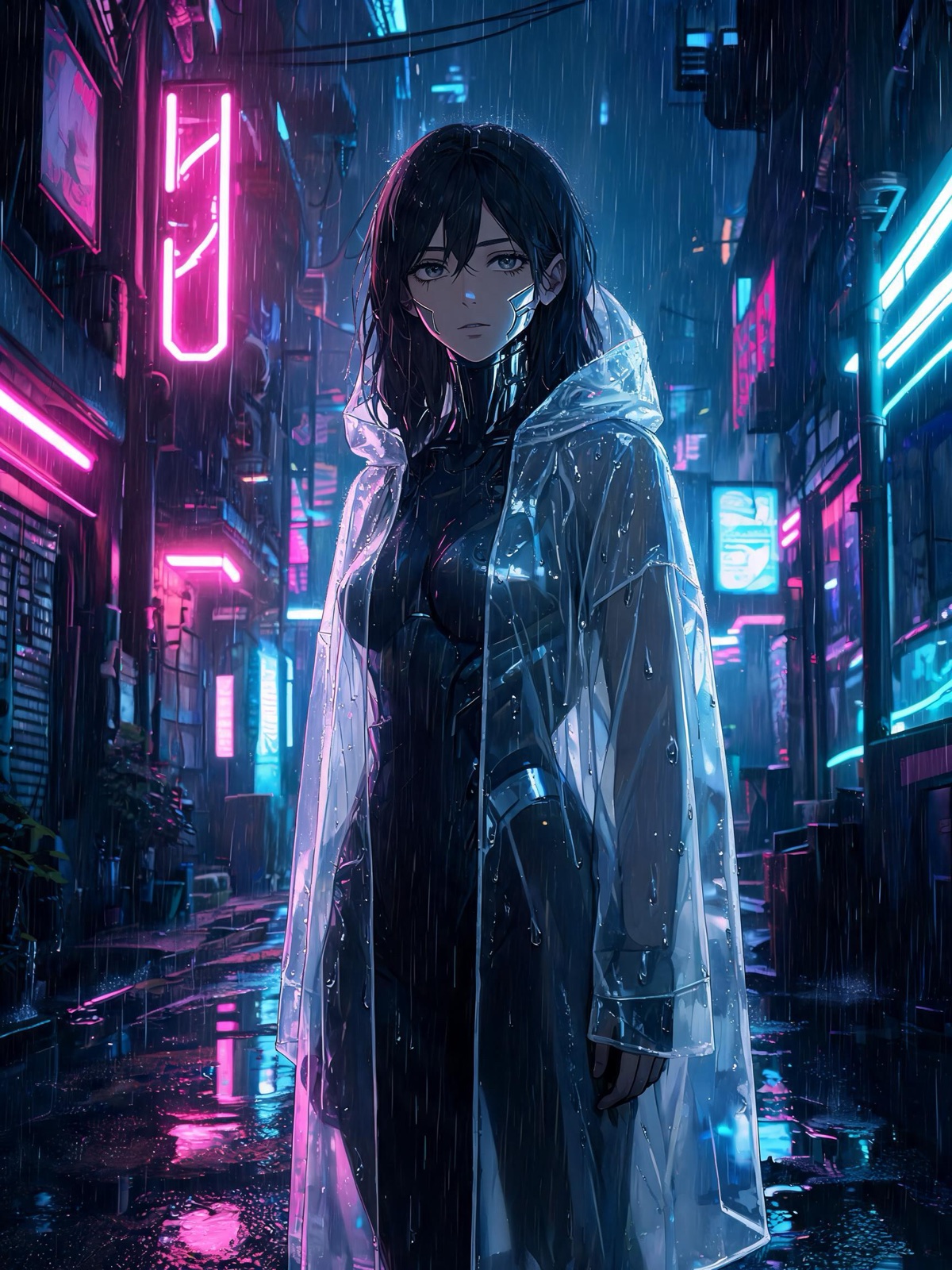 AI-generated cyberpunk anime image: an android woman with visible chrome seams at her jaw and a long transparent raincoat standing in a neon alley