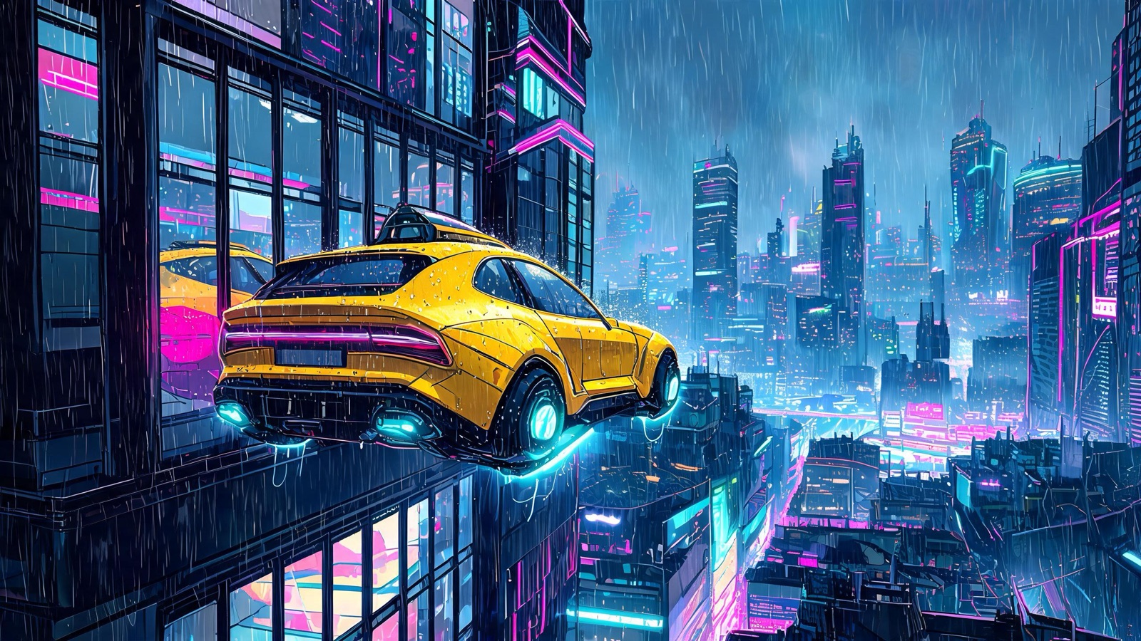 AI-generated cyberpunk anime image: a yellow flying taxi hovering by a skyscraper window in heavy rain