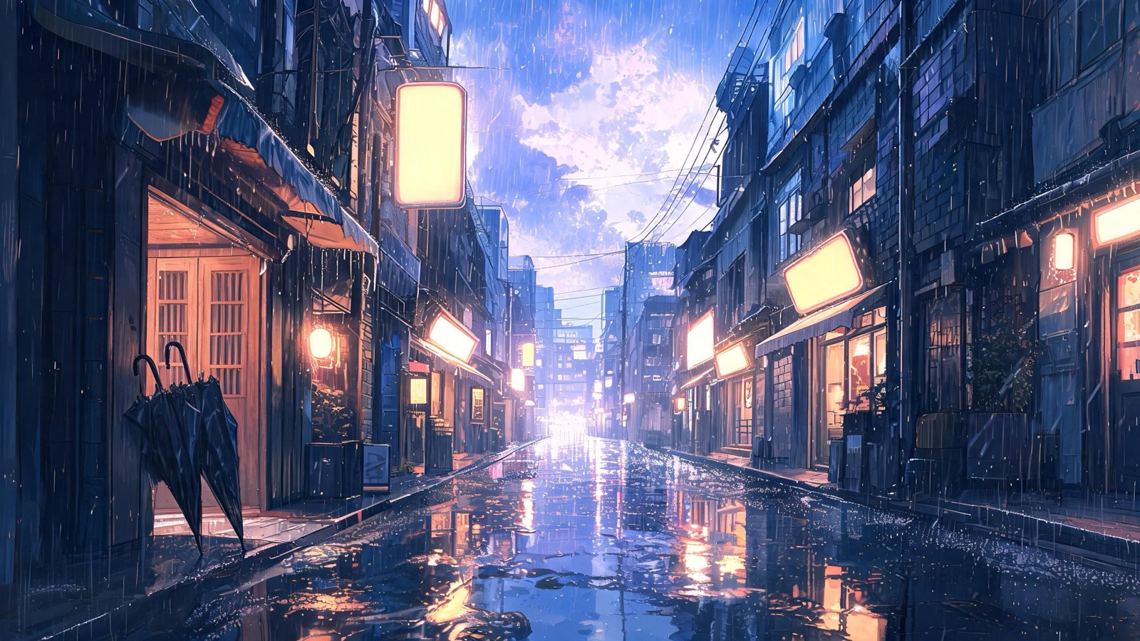 AI-generated anime background art image: a narrow city street at night in heavy rain