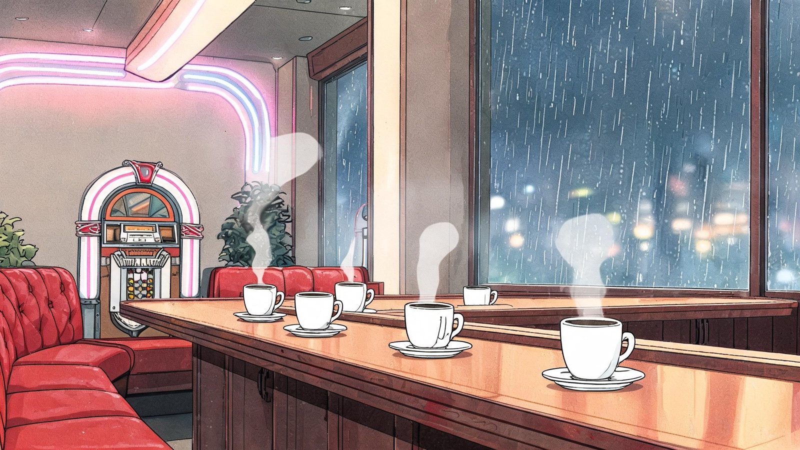 AI-generated 90s cel anime image: a 1990s café with red vinyl booths