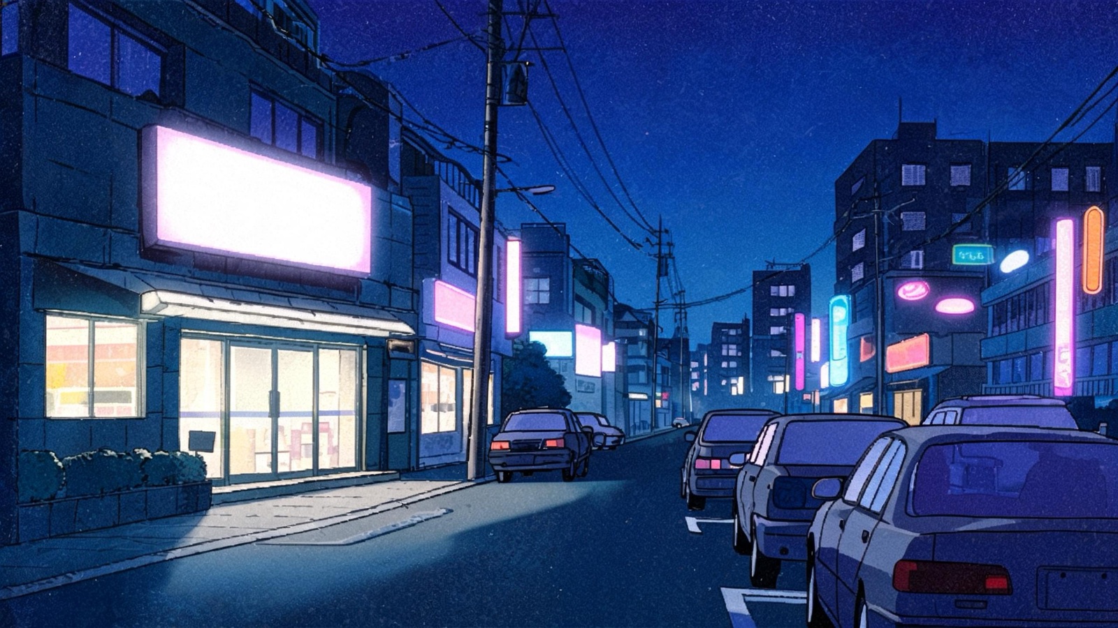 AI-generated 90s cel anime image: a 1990s city street at night