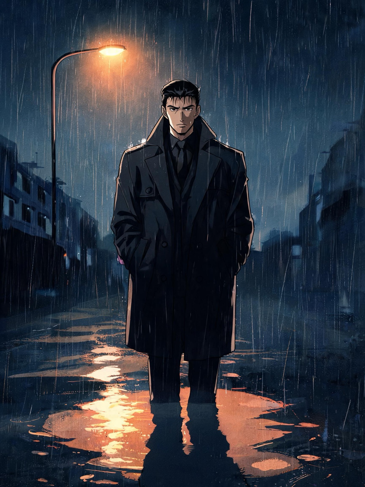 AI-generated 90s cel anime image: a detective in his forties in a trench coat under a streetlight at night