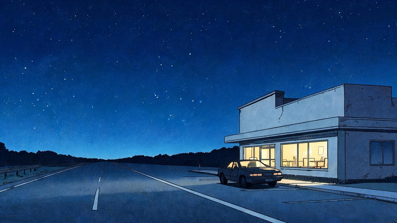 AI-generated 90s cel anime image: a roadside diner at night on an empty highway