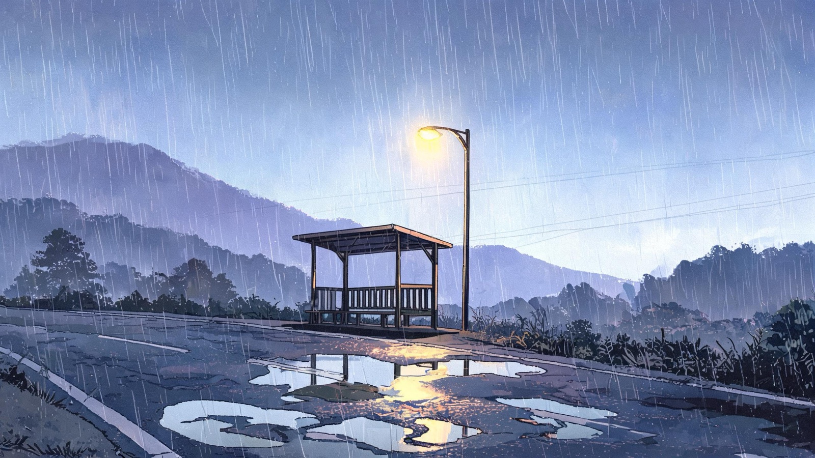 AI-generated 90s cel anime image: a countryside bus stop in the rain at dusk