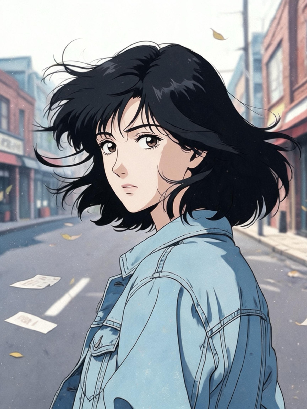 AI-generated 90s cel anime image: a woman in her late twenties with short dark hair and a denim jacket looking over her shoulder on a windy street