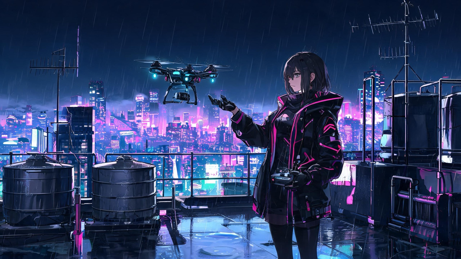 AI-generated cyberpunk anime image: a courier on a rain-soaked rooftop launching a delivery drone