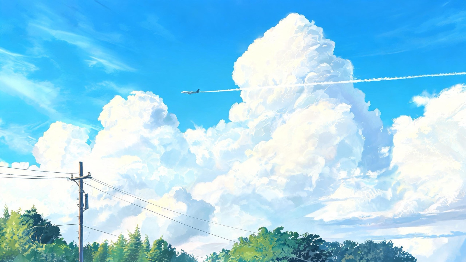 AI-generated anime background art image: a vast bright blue summer sky with enormous sculpted clouds