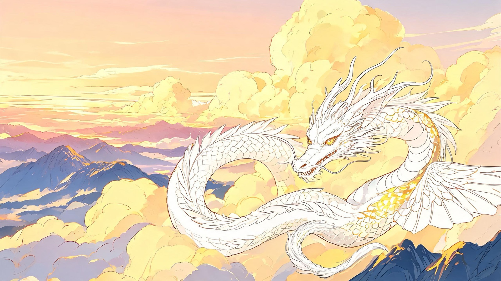 AI-generated modern key visual image: a vast serpentine white dragon flying through golden clouds at sunrise