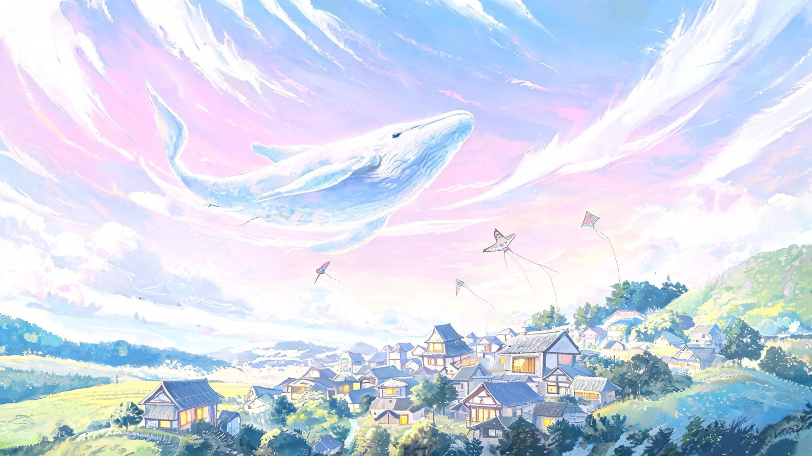 AI-generated anime background art image: an enormous gentle whale swimming through the sky above a small village