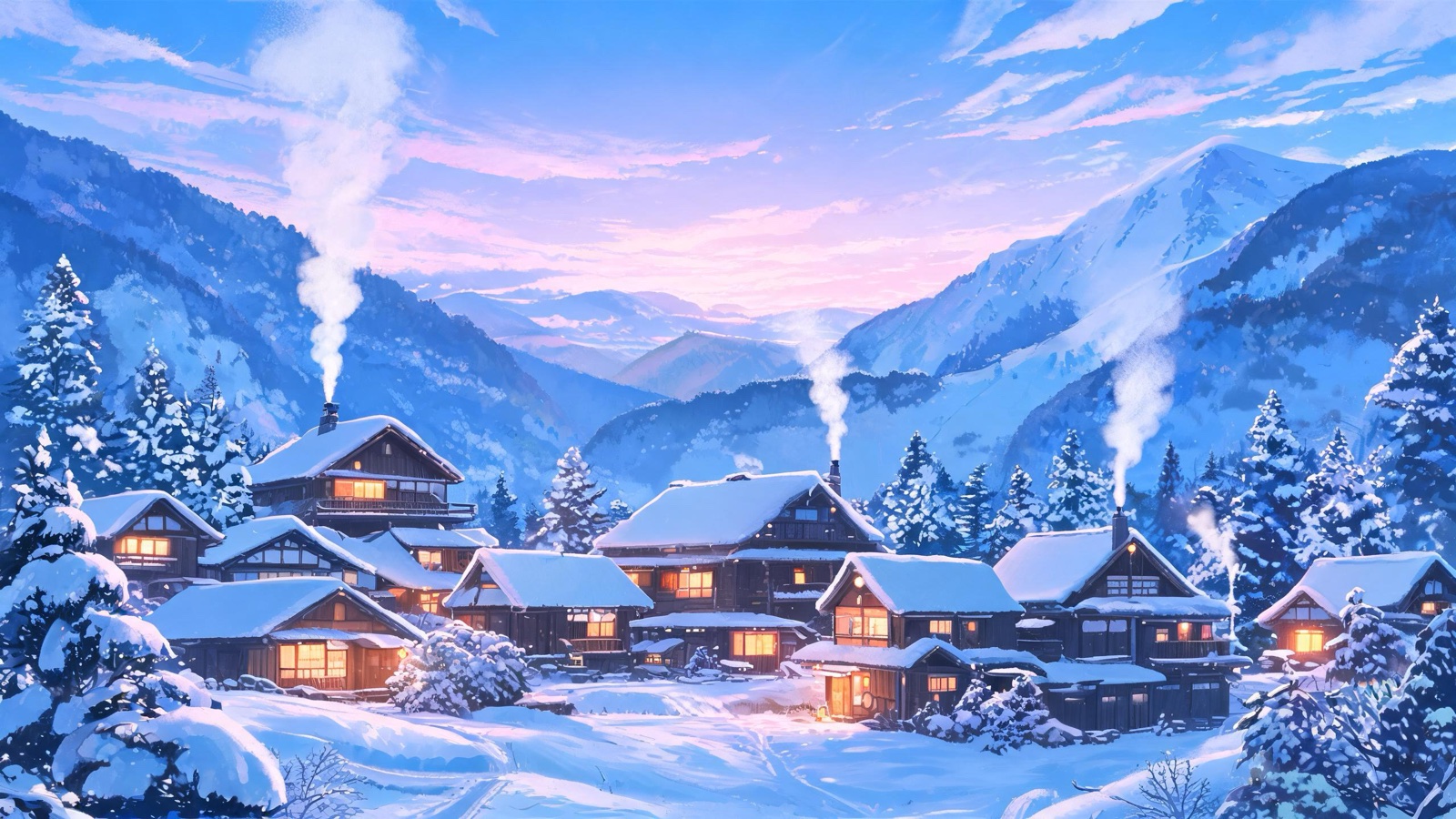 AI-generated anime background art image: a mountain village in deep snow at dusk