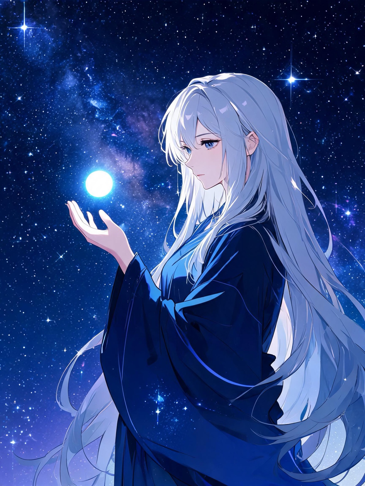 AI-generated modern key visual image: a sorceress in her thirties with long silver hair and a midnight-blue robe