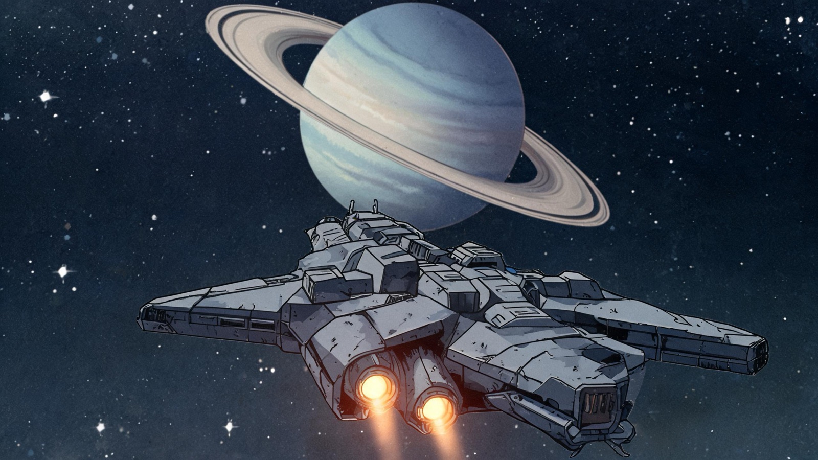 AI-generated 90s cel anime image: a battered retro starship drifting past a ringed planet