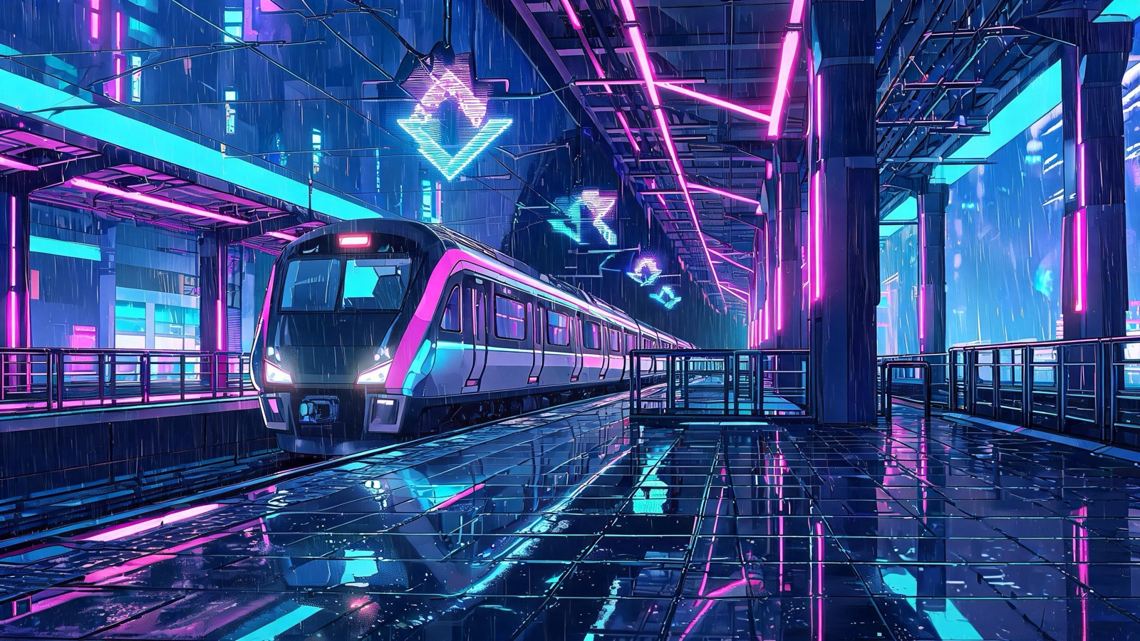 AI-generated cyberpunk anime image: a futuristic subway platform at night