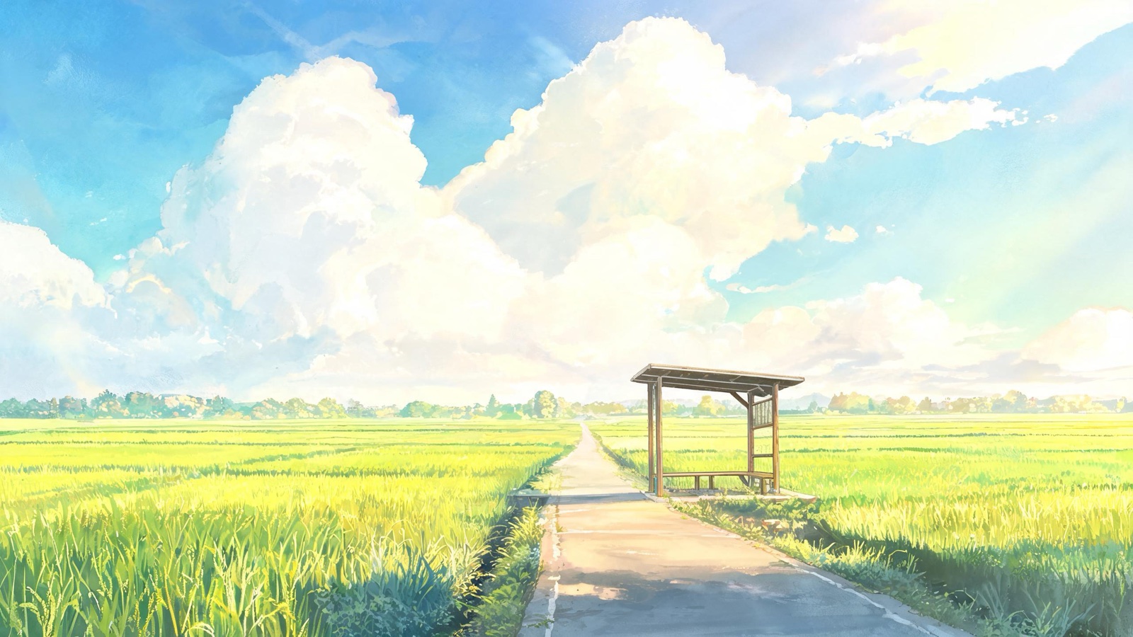 AI-generated painted anime film image: rice fields in high summer