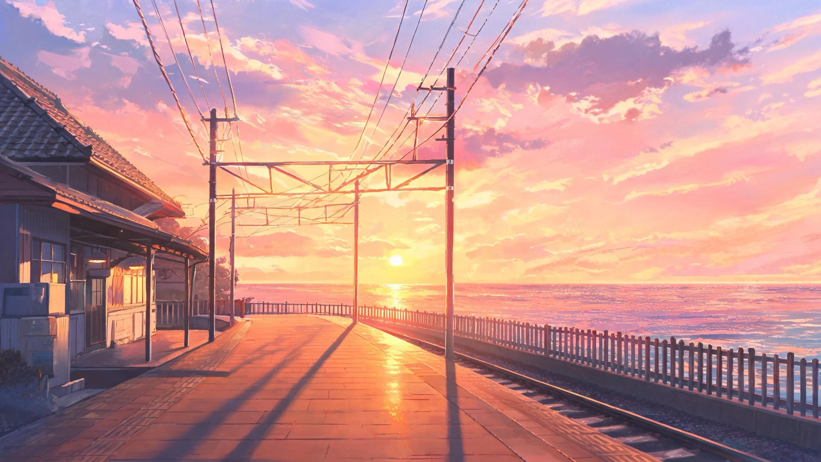 AI-generated anime background art image: a small seaside train station at sunset