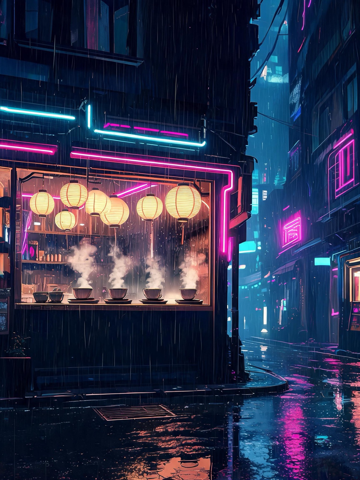 AI-generated cyberpunk anime image: a small tea shop window glowing in a dark cyberpunk street
