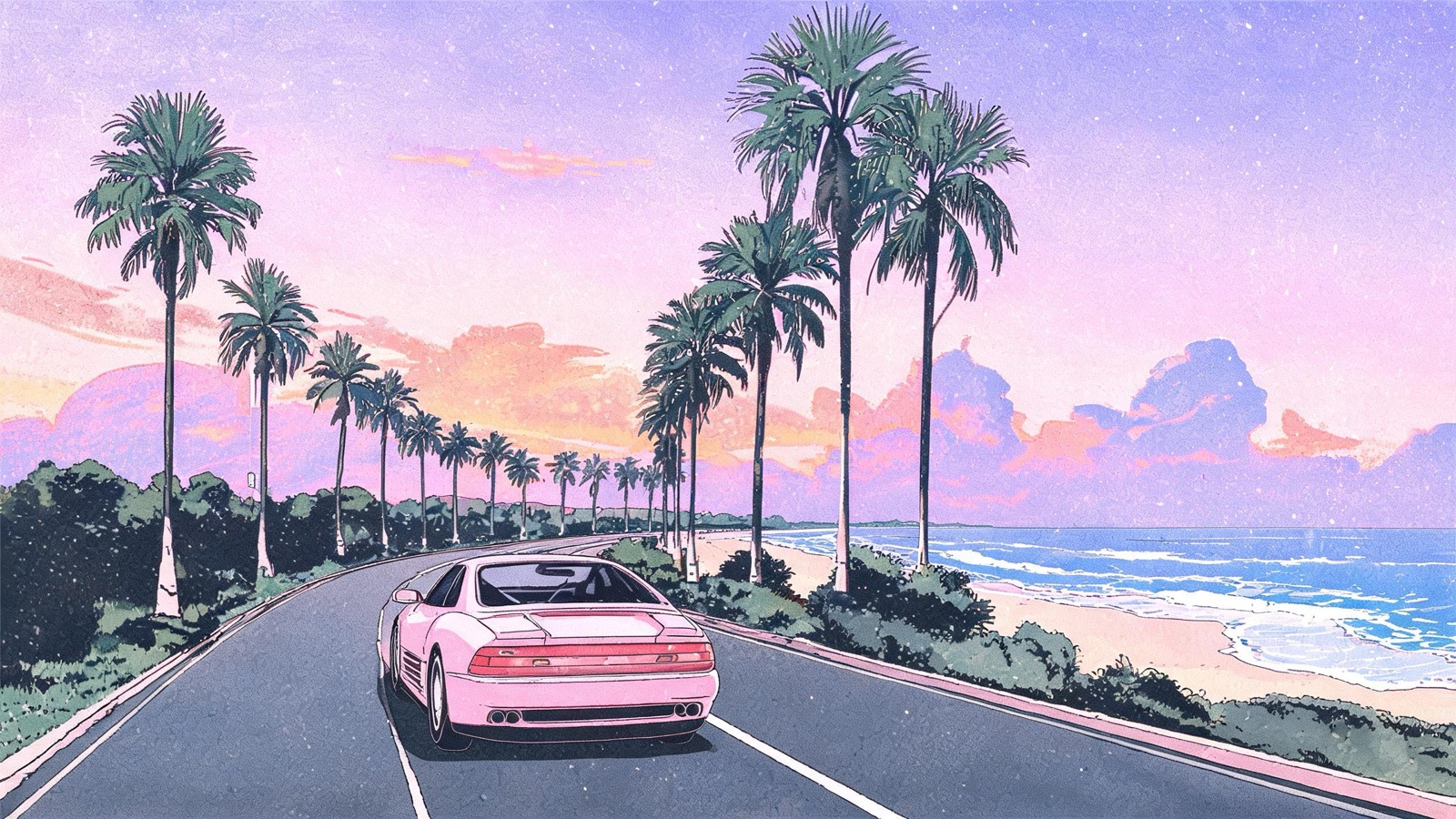 AI-generated 90s cel anime image: a pastel vaporwave sunset over a palm-lined coastal road