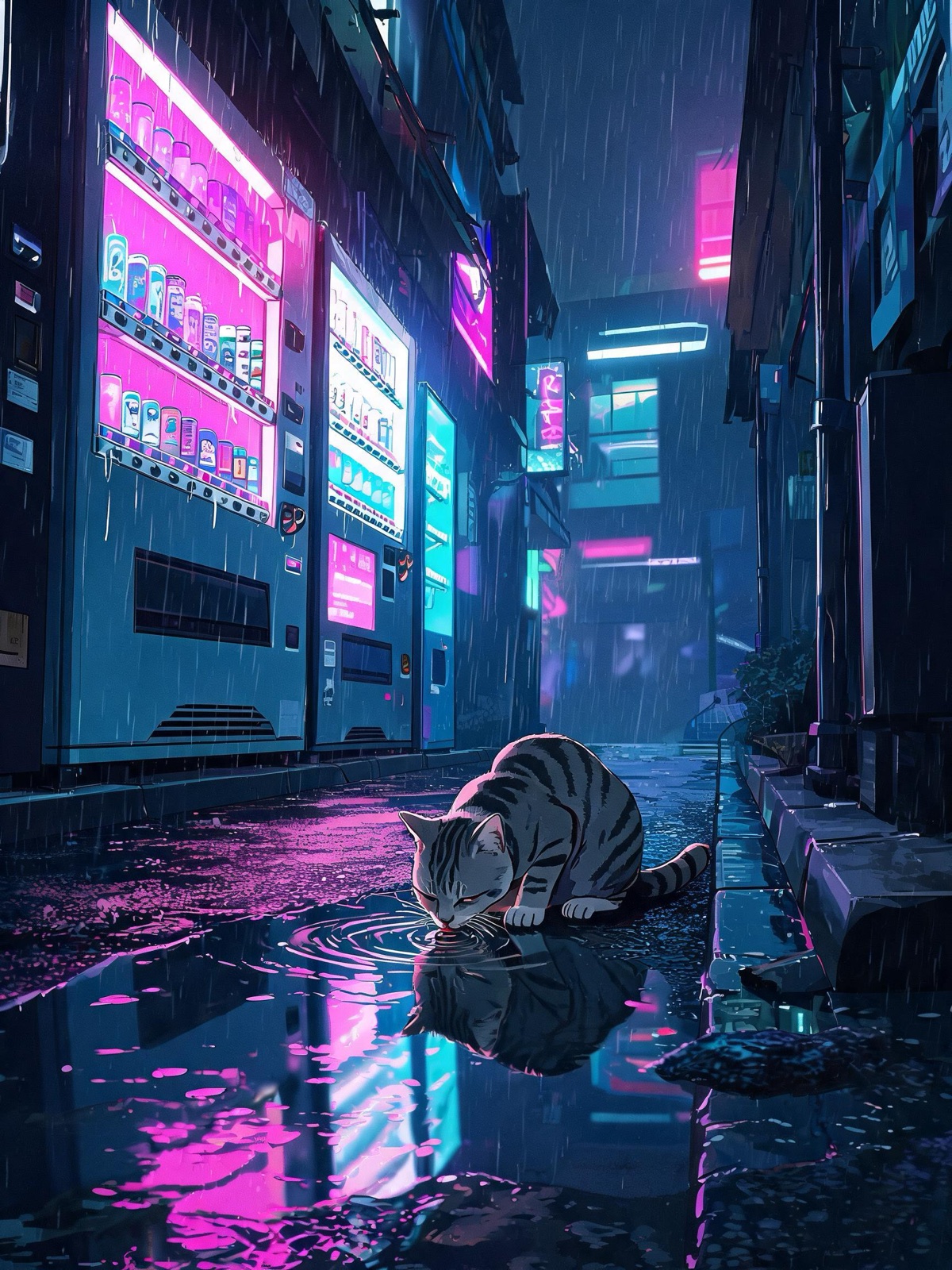 AI-generated cyberpunk anime image: a row of glowing vending machines in a dark rainy side street
