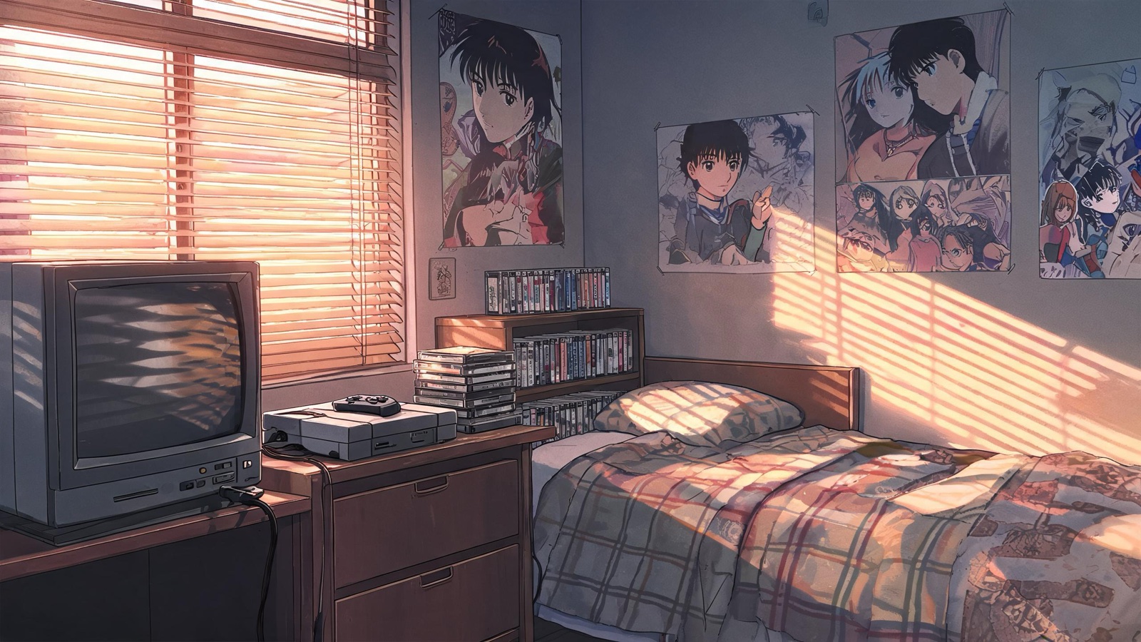 AI-generated 90s cel anime image: a 1990s bedroom with a CRT television