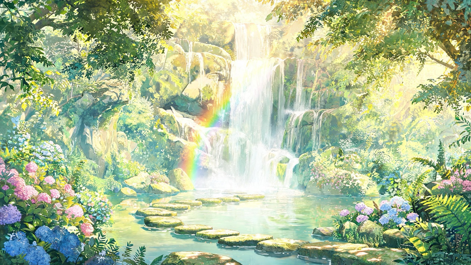 AI-generated painted anime film image: a lush hidden garden with a tall waterfall