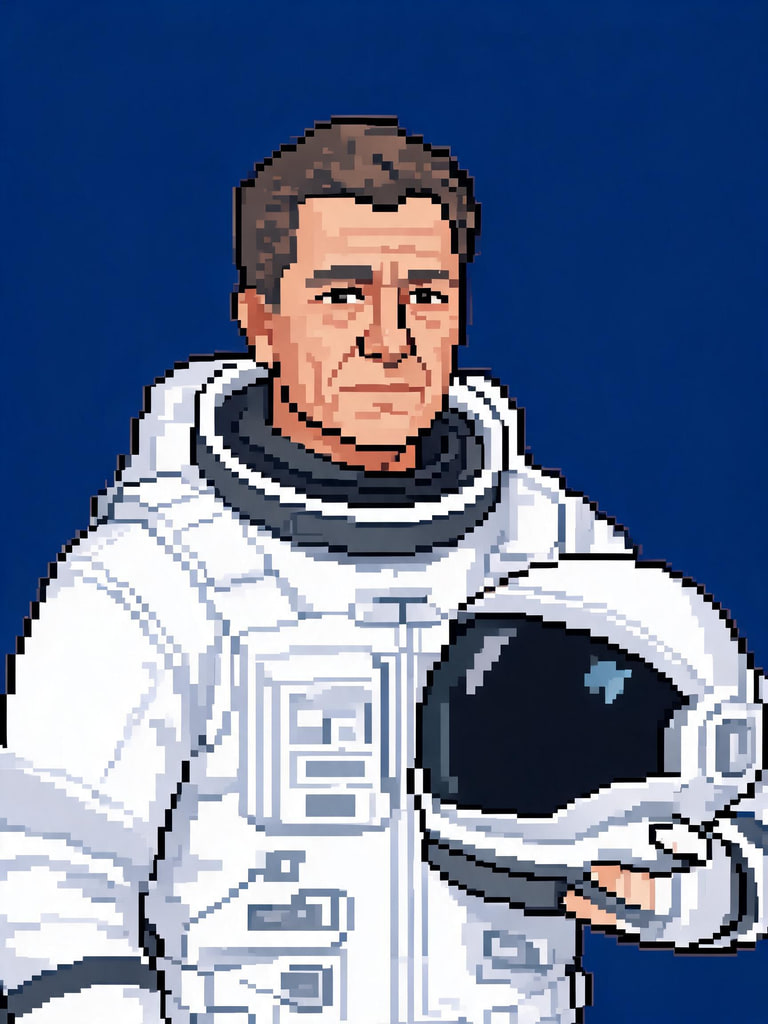 AI-generated pixel-art portrait of a middle-aged astronaut holding a helmet under one arm