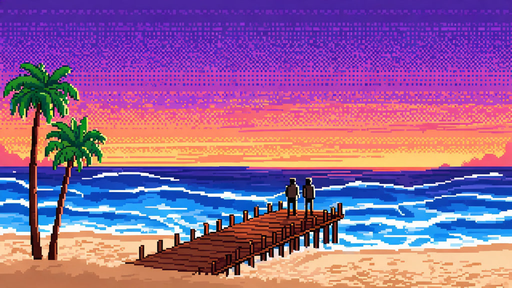 AI-generated pixel-art sunset beach with palm trees and a wooden pier