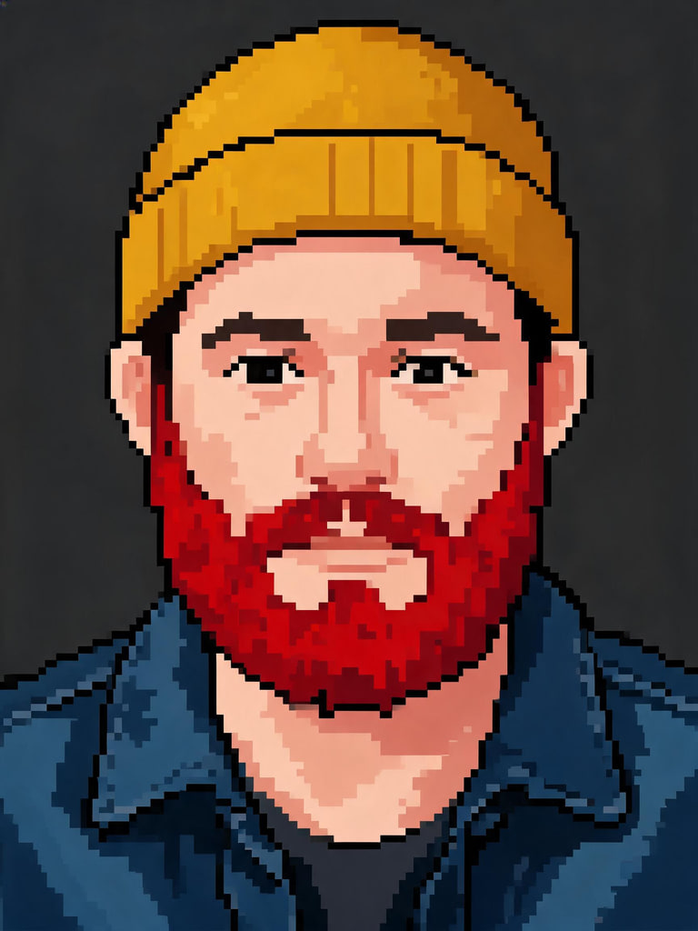 AI-generated pixel-art portrait of a man in his thirties with a red beard and mustard beanie