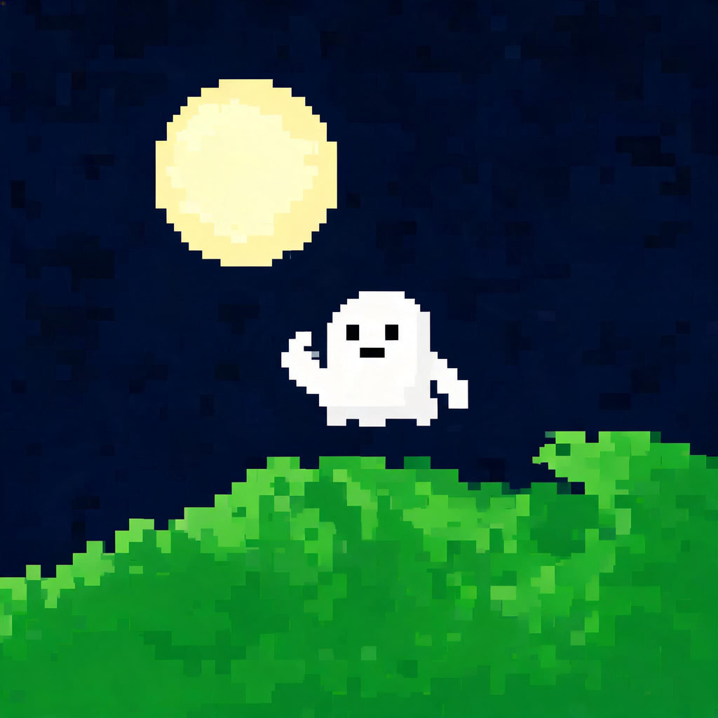 AI-generated 8-bit pixel art of a small friendly white ghost waving under a full moon
