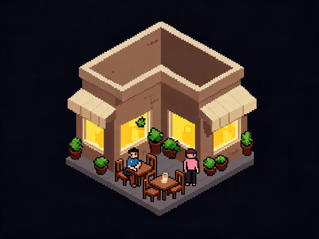 AI-generated isometric pixel-art corner café with an awning, tables and warm windows