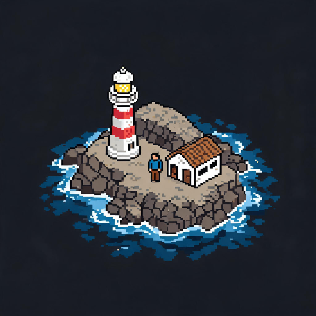 AI-generated isometric pixel-art rocky island with a lighthouse, a cottage and waves