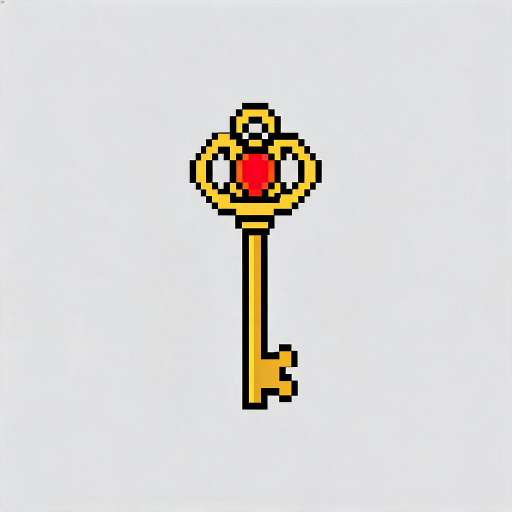 AI-generated pixel-art item icon of an ornate golden key with a red gem