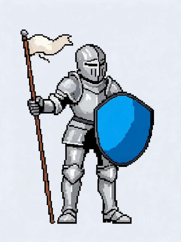 AI-generated 16-bit pixel-art sprite of an adult knight in silver armour with a blue shield