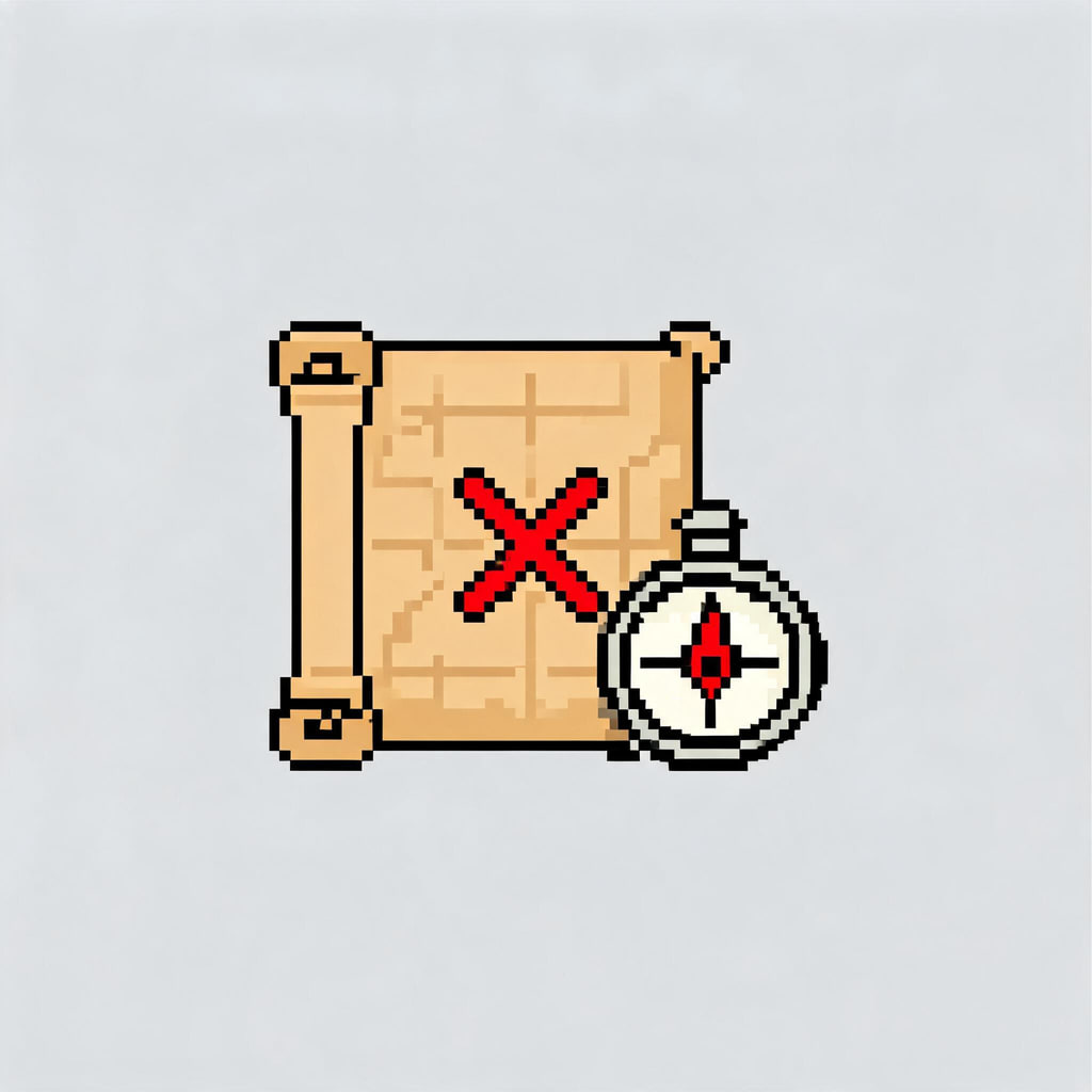 AI-generated pixel-art item icon of an old treasure map with a red X and a compass