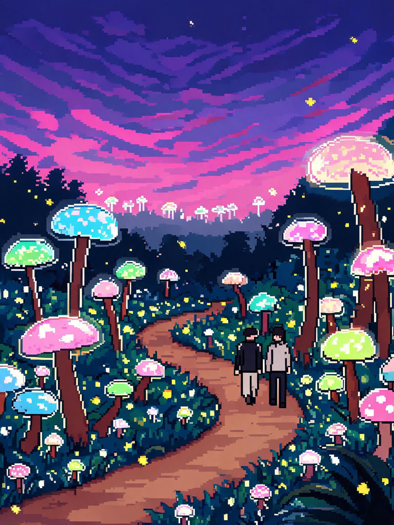 AI-generated pixel-art glowing mushroom forest at dusk with fireflies and a path