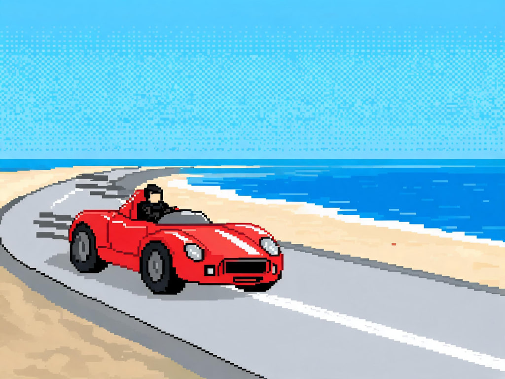 AI-generated 8-bit pixel art of an unbranded red vintage race car on a coastal road