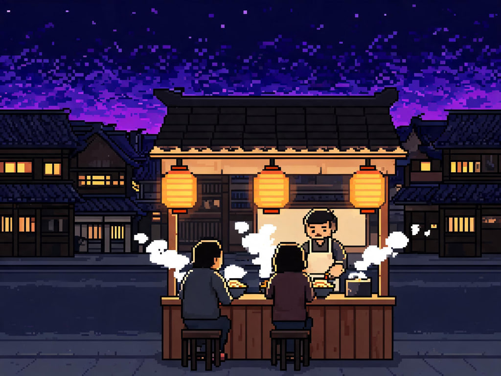 AI-generated pixel-art night noodle stall with paper lanterns and steaming bowls