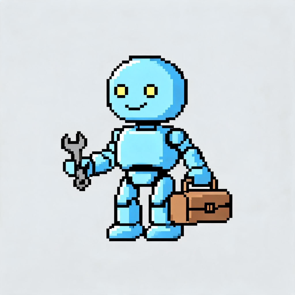AI-generated 16-bit pixel-art sprite of a friendly round robot mechanic with a wrench