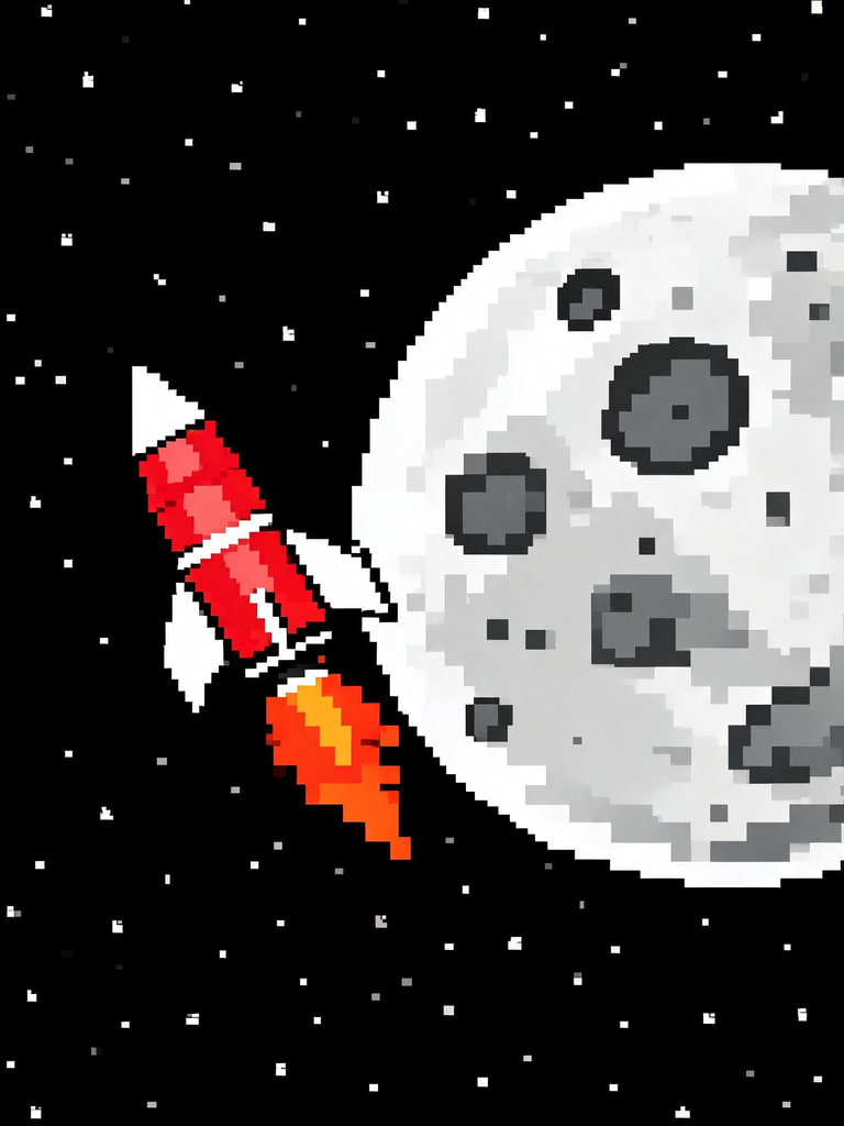 AI-generated 8-bit pixel art of a red and white retro rocket passing a cratered moon