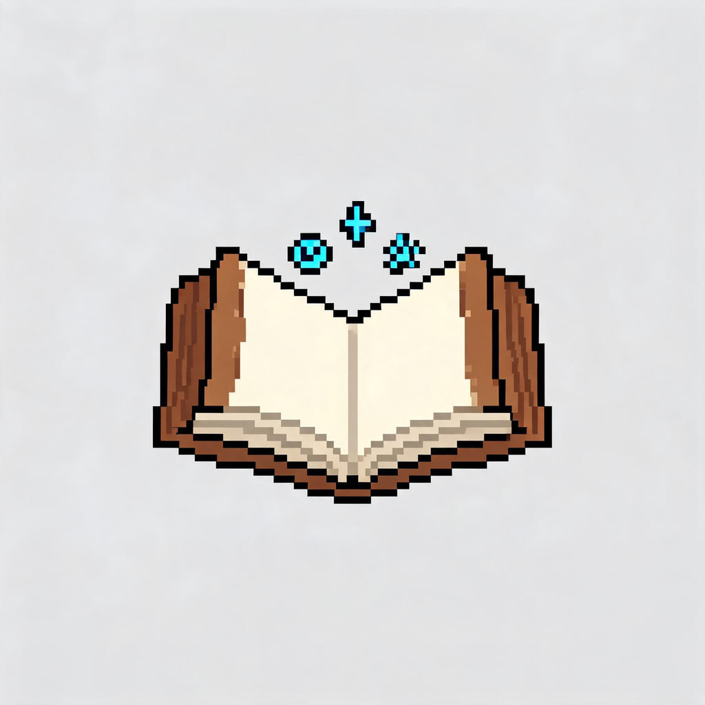 AI-generated pixel-art item icon of an open spellbook with glowing blue runes