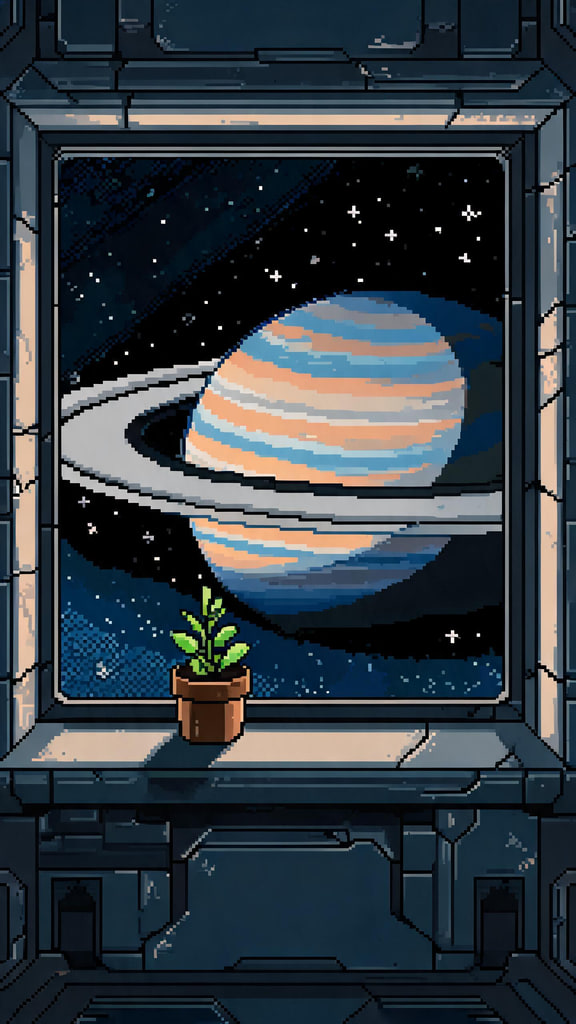 AI-generated pixel-art space station window looking out on a huge ringed planet