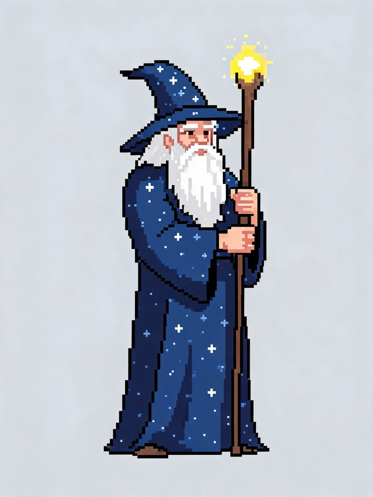 AI-generated 16-bit pixel-art sprite of a bearded adult wizard in a starry blue robe
