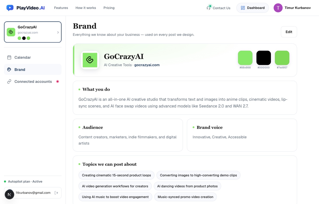 PlayVideo.AI brand page showing extracted brand colors, voice, audience and competitors