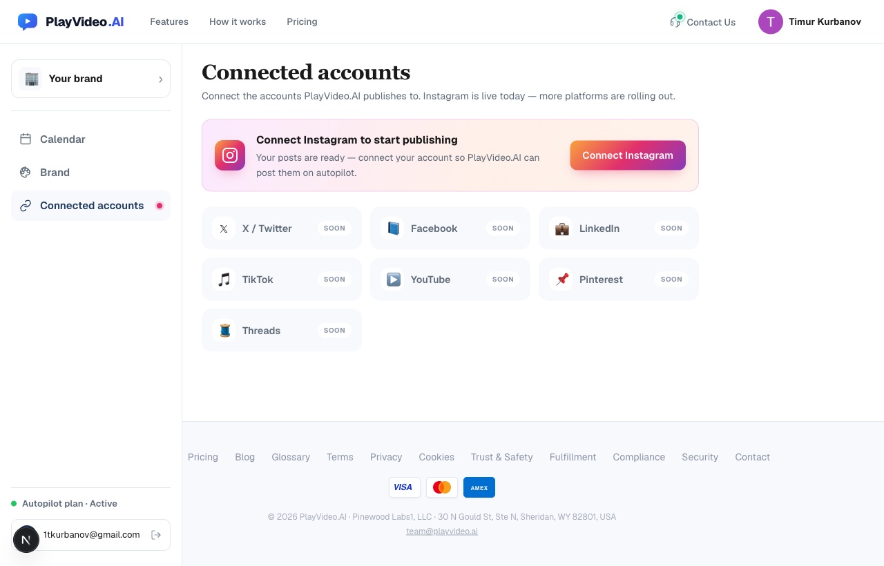 Connected accounts screen with Instagram live and more platforms coming soon