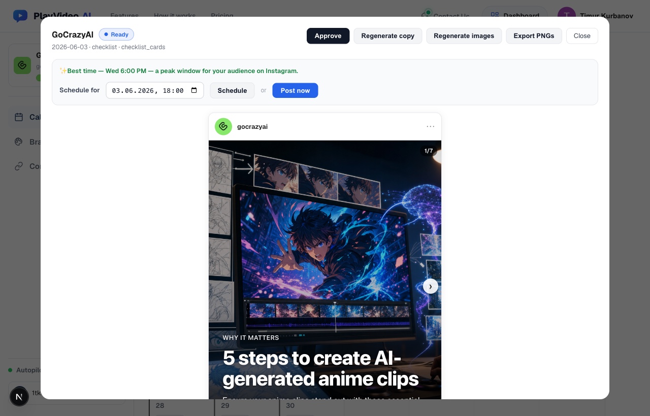 A ready post with an on-brand carousel and approve, regenerate and schedule controls